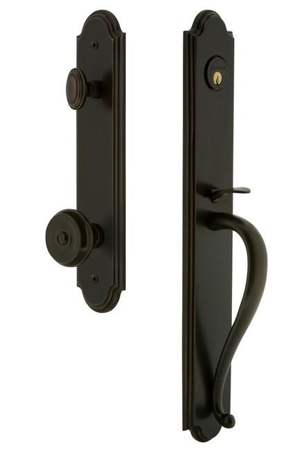 Grandeur Hardware - Arc One-Piece Handleset with S Grip and Bouton Knob in Timeless Bronze - ARCSGRBOU - 843701