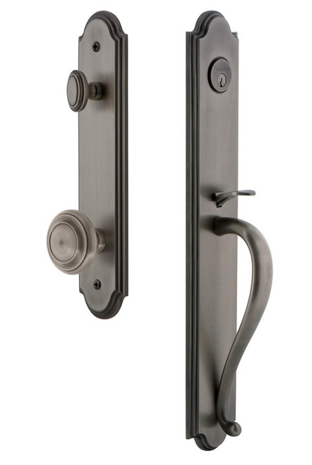 Grandeur Hardware - Arc One-Piece Handleset with S Grip and Circulaire Knob in Antique Pewter - ARCSGRCIR - 843843