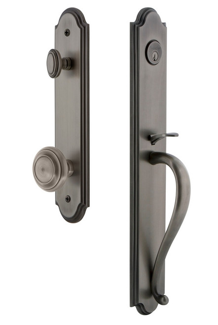 Grandeur Hardware - Arc One-Piece Handleset with S Grip and Circulaire Knob in Antique Pewter - ARCSGRCIR - 843844