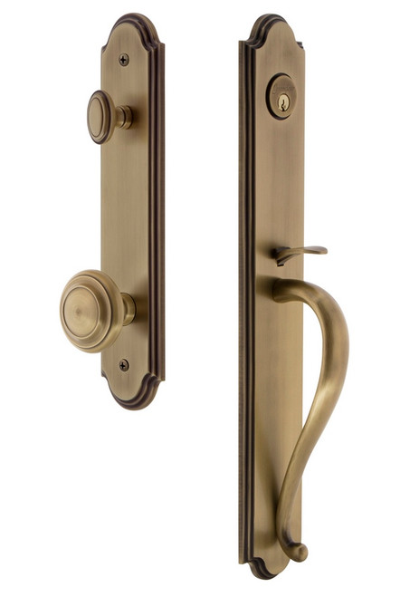 Grandeur Hardware - Arc One-Piece Handleset with S Grip and Circulaire Knob in Vintage Brass - ARCSGRCIR - 843892