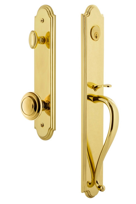 Grandeur Hardware - Arc One-Piece Dummy Handleset with S Grip and Circulaire Knob in Lifetime Brass - ARCSGRCIR - 848523