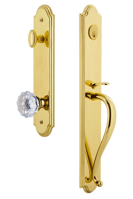 Grandeur Hardware - Arc One-Piece Handleset with S Grip and Fontainebleau Knob in Lifetime Brass - ARCSGRFON - 844034