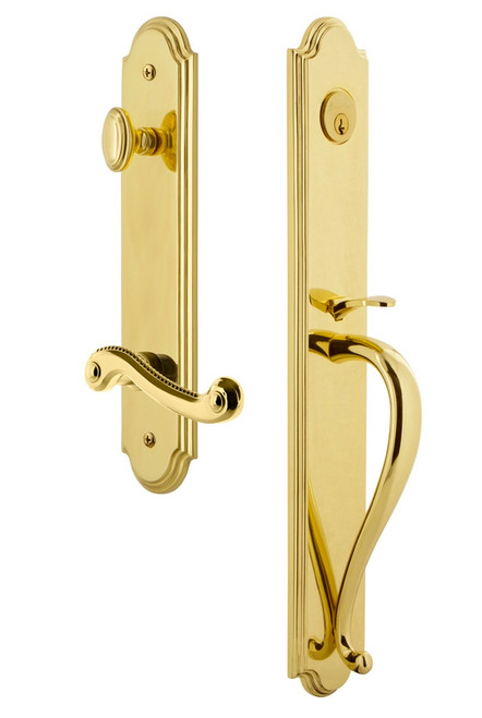 Grandeur Hardware - Arc One-Piece Handleset with S Grip and Newport Lever in Lifetime Brass - ARCSGRNEW - 846935