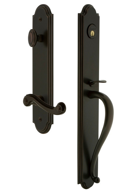 Grandeur Hardware - Arc One-Piece Handleset with S Grip and Newport Lever in Timeless Bronze - ARCSGRNEW - 846983