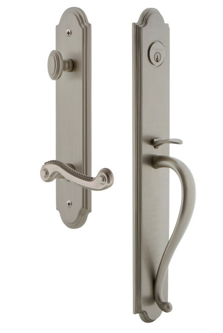 Grandeur Hardware - Arc One-Piece Handleset with S Grip and Newport Lever in Satin Nickel - ARCSGRNEW - 846960