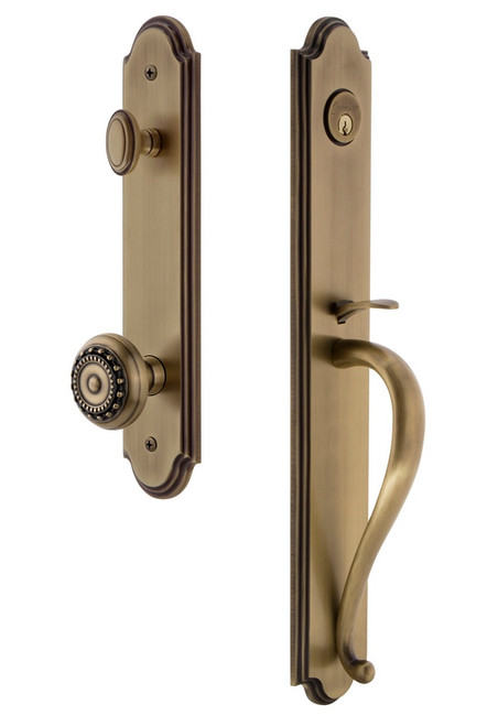Grandeur Hardware - Arc One-Piece Dummy Handleset with S Grip and Parthenon Knob in Vintage Brass - ARCSGRPAR - 848688