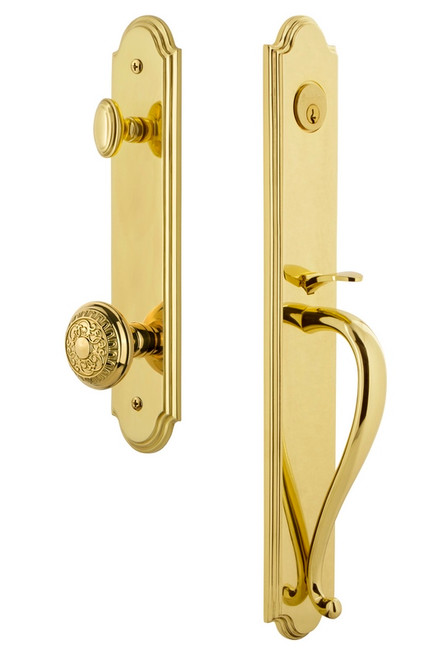 Grandeur Hardware - Arc One-Piece Handleset with S Grip and Windsor Knob in Lifetime Brass - ARCSGRWIN - 844455