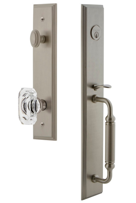 Grandeur Hardware - Carre One-Piece Dummy Handleset with C Grip and Baguette Clear Crystal Knob in Satin Nickel - CARCGRBCC - 848830