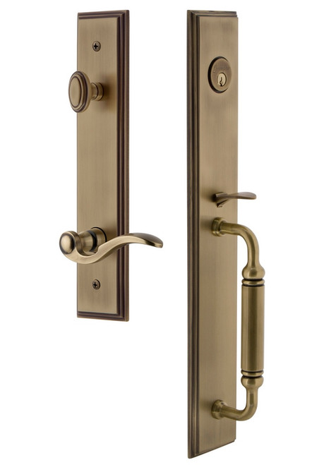 Grandeur Hardware - Carre One-Piece Handleset with C Grip and Bellagio Lever in Vintage Brass - CARCGRBEL - 843041