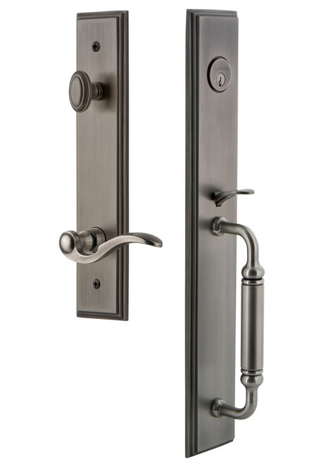 Grandeur Hardware - Carre One-Piece Dummy Handleset with C Grip and Bellagio Lever in Antique Pewter - CARCGRBEL - 849852