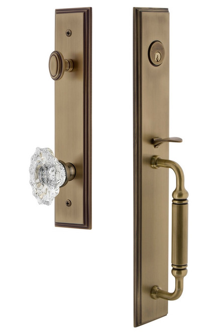 Grandeur Hardware - Carre One-Piece Handleset with C Grip and Biarritz Knob in Vintage Brass - CARCGRBIA - 842200