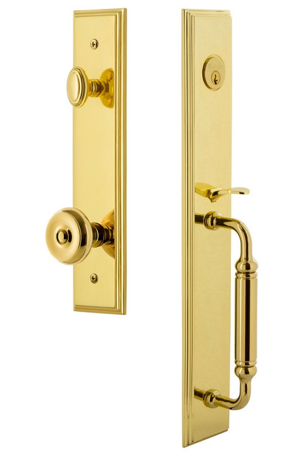 Grandeur Hardware - Carre One-Piece Dummy Handleset with C Grip and Bouton Knob in Lifetime Brass - CARCGRBOU - 848900