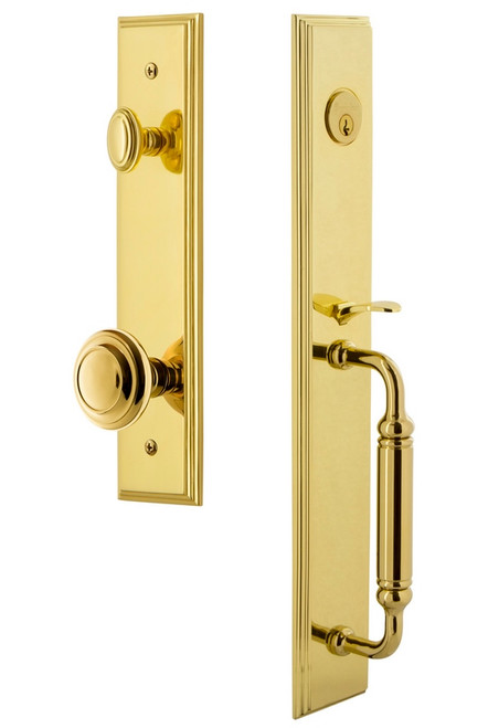 Grandeur Hardware - Carre One-Piece Dummy Handleset with C Grip and Circulaire Knob in Lifetime Brass - CARCGRCIR - 848975