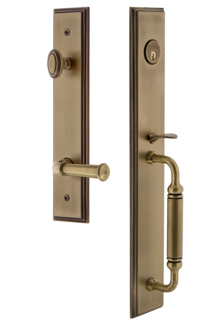 Grandeur Hardware - Carre One-Piece Dummy Handleset with C Grip and Georgetown Lever in Vintage Brass - CARCGRGEO - 849924