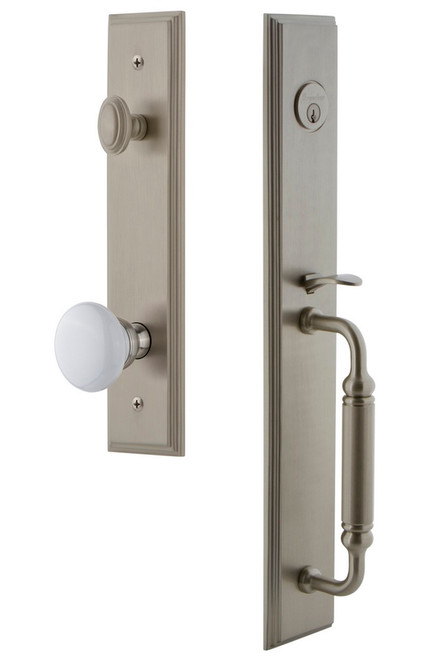 Grandeur Hardware - Carre One-Piece Handleset with C Grip and Hyde Park Knob in Satin Nickel - CARCGRHYD - 842385