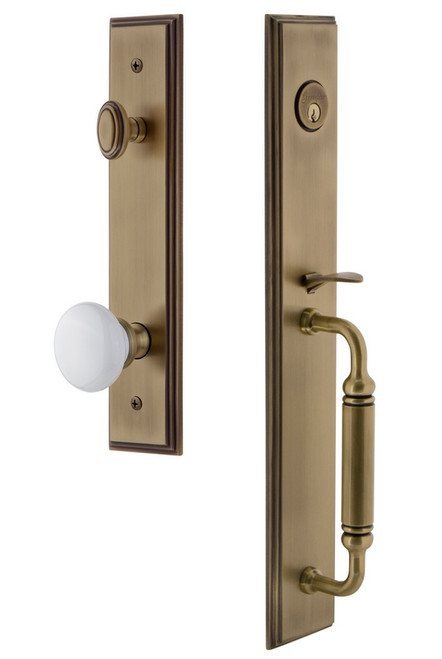 Grandeur Hardware - Carre One-Piece Handleset with C Grip and Hyde Park Knob in Vintage Brass - CARCGRHYD - 842396