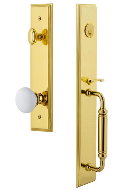 Grandeur Hardware - Carre One-Piece Dummy Handleset with C Grip and Hyde Park Knob in Lifetime Brass - CARCGRHYD - 849100