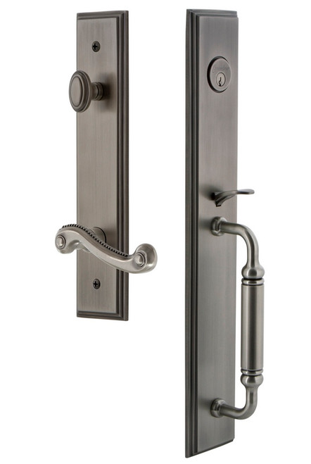 Grandeur Hardware - Carre One-Piece Handleset with C Grip and Newport Lever in Antique Pewter - CARCGRNEW - 843089