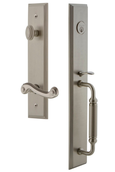Grandeur Hardware - Carre One-Piece Dummy Handleset with C Grip and Newport Lever in Satin Nickel - CARCGRNEW - 849948