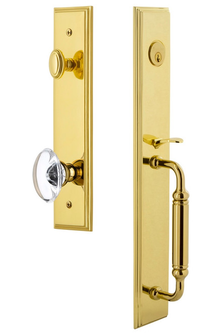 Grandeur Hardware - Carre One-Piece Handleset with C Grip and Provence Knob in Lifetime Brass - CARCGRPRO - 842424