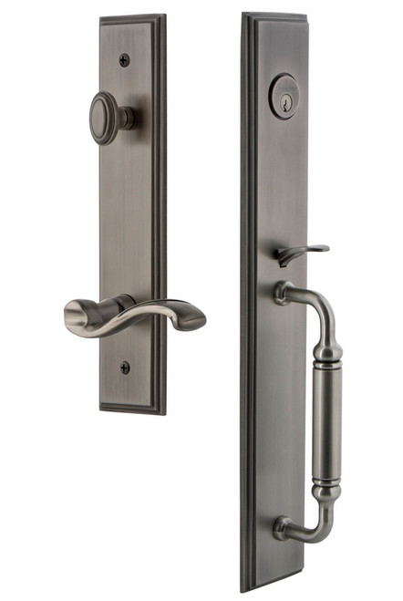 Grandeur Hardware - Carre One-Piece Handleset with C Grip and Portofino Lever in Antique Pewter - CARCGRPRT - 843132