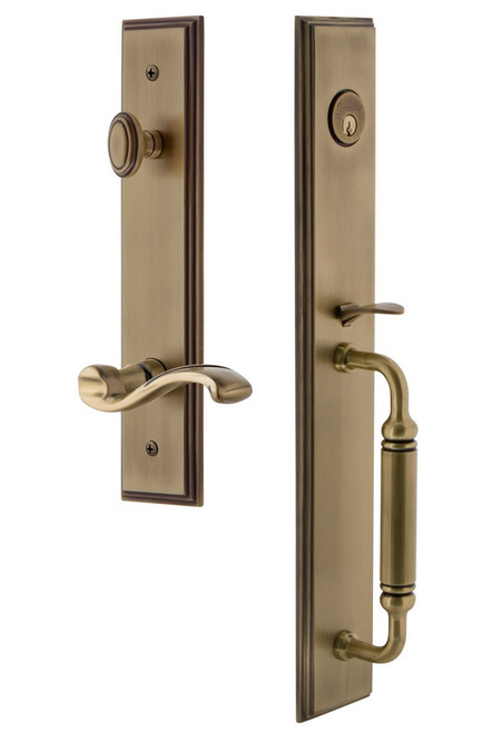Grandeur Hardware - Carre One-Piece Handleset with C Grip and Portofino Lever in Vintage Brass - CARCGRPRT - 843161