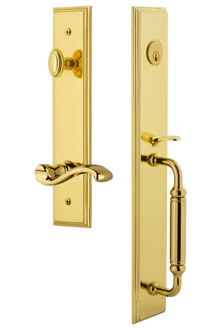 Grandeur Hardware - Carre One-Piece Handleset with C Grip and Portofino Lever in Lifetime Brass - CARCGRPRT - 843141