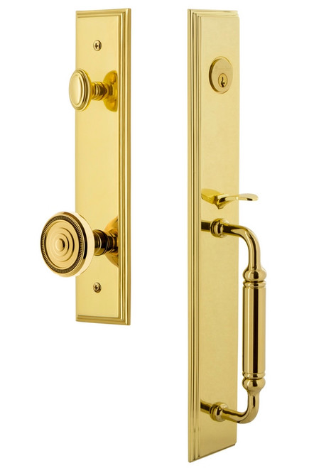 Grandeur Hardware - Carre One-Piece Handleset with C Grip and Soleil Knob in Lifetime Brass - CARCGRSOL - 842441