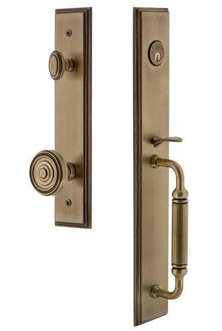 Grandeur Hardware - Carre One-Piece Handleset with C Grip and Soleil Knob in Vintage Brass - CARCGRSOL - 842453