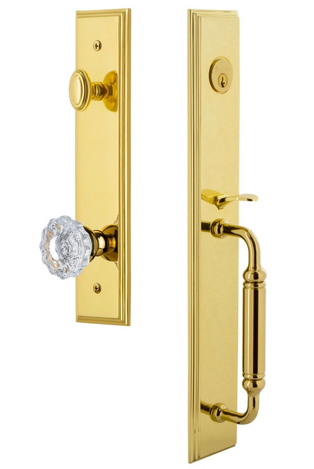 Grandeur Hardware - Carre One-Piece Handleset with C Grip and Versailles Knob in Lifetime Brass - CARCGRVER - 842462