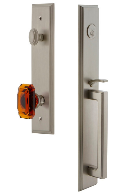 Grandeur Hardware - Carre One-Piece Handleset with D Grip and Baguette Amber Knob in Satin Nickel - CARDGRBCA - 844522