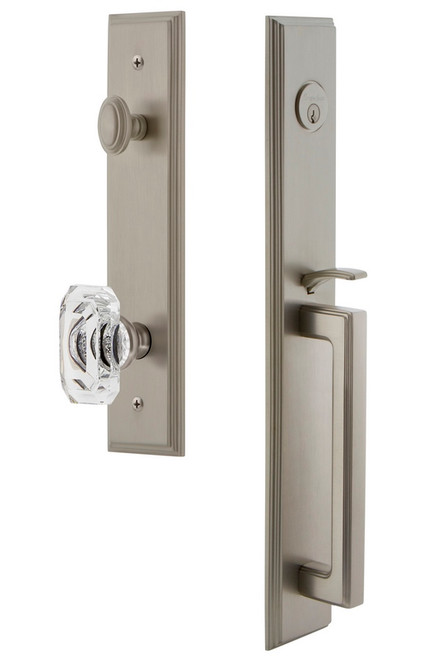 Grandeur Hardware - Carre One-Piece Dummy Handleset with D Grip and Baguette Clear Crystal Knob in Satin Nickel - CARDGRBCC - 848832