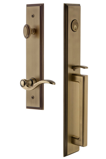 Grandeur Hardware - Carre One-Piece Handleset with D Grip and Bellagio Lever in Vintage Brass - CARDGRBEL - 847232