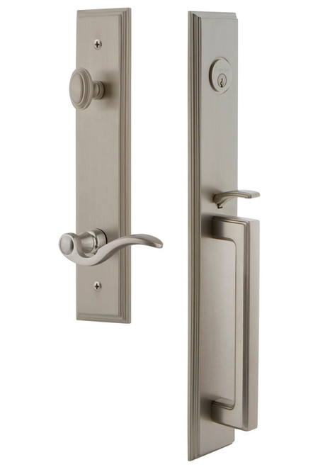 Grandeur Hardware - Carre One-Piece Handleset with D Grip and Bellagio Lever in Satin Nickel - CARDGRBEL - 847209