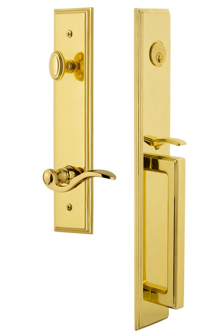 Grandeur Hardware - Carre One-Piece Dummy Handleset with D Grip and Bellagio Lever in Lifetime Brass - CARDGRBEL - 849857