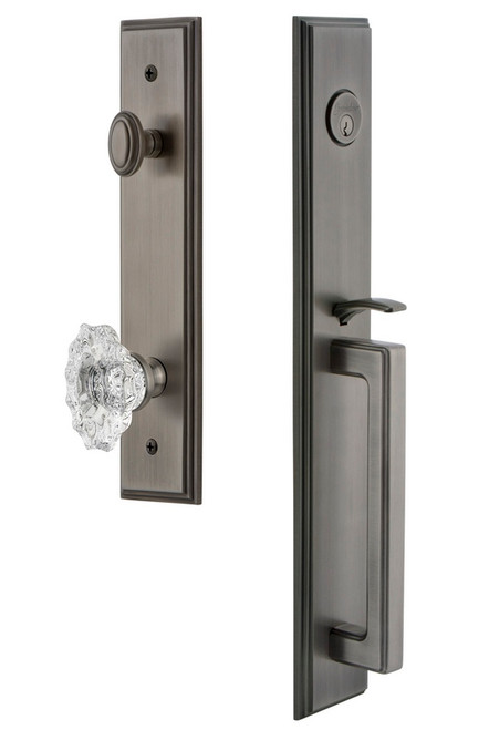 Grandeur Hardware - Carre One-Piece Handleset with D Grip and Biarritz Knob in Antique Pewter - CARDGRBIA - 844624