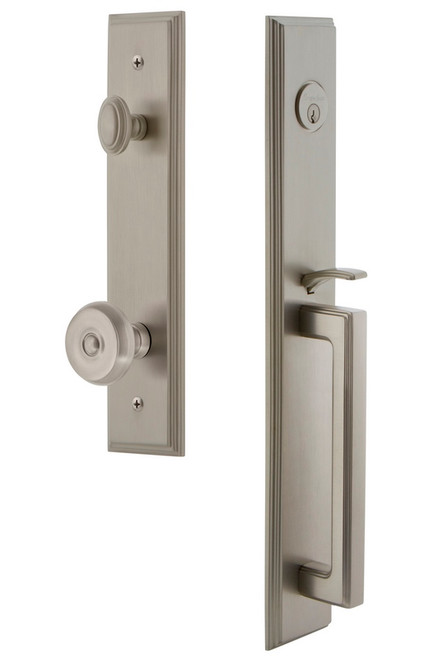 Grandeur Hardware - Carre One-Piece Handleset with D Grip and Bouton Knob in Satin Nickel - CARDGRBOU - 844767