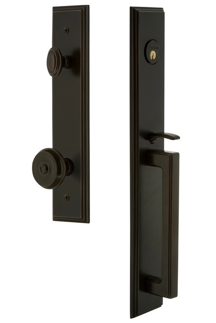 Grandeur Hardware - Carre One-Piece Handleset with D Grip and Bouton Knob in Timeless Bronze - CARDGRBOU - 844779