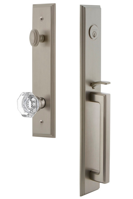 Grandeur Hardware - Carre One-Piece Handleset with D Grip and Chambord Knob in Satin Nickel - CARDGRCHM - 844887
