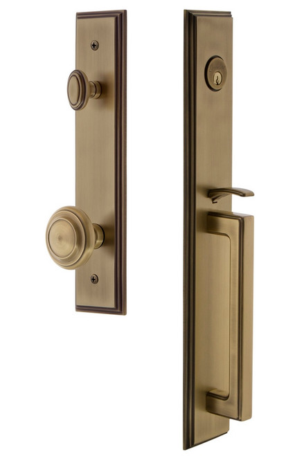 Grandeur Hardware - Carre One-Piece Handleset with D Grip and Circulaire Knob in Vintage Brass - CARDGRCIR - 844958