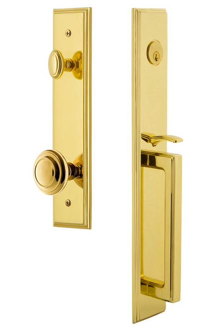 Grandeur Hardware - Carre One-Piece Dummy Handleset with D Grip and Circulaire Knob in Lifetime Brass - CARDGRCIR - 848977
