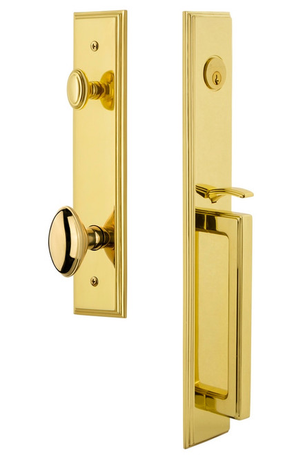 Grandeur Hardware - Carre One-Piece Handleset with D Grip and Eden Prairie Knob in Lifetime Brass - CARDGREDN - 844982