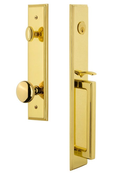 Grandeur Hardware - Carre One-Piece Dummy Handleset with D Grip and Fifth Avenue Knob in Lifetime Brass - CARDGRFAV - 849027