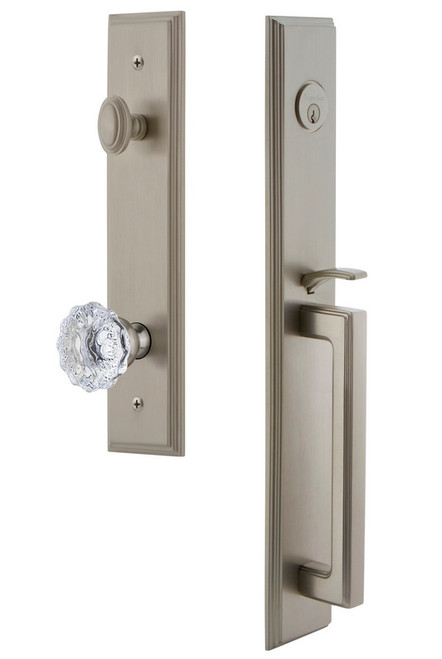 Grandeur Hardware - Carre One-Piece Handleset with D Grip and Fontainebleau Knob in Satin Nickel - CARDGRFON - 845114