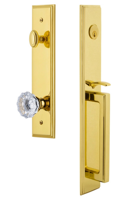 Grandeur Hardware - Carre One-Piece Dummy Handleset with D Grip and Fontainebleau Knob in Lifetime Brass - CARDGRFON - 849052