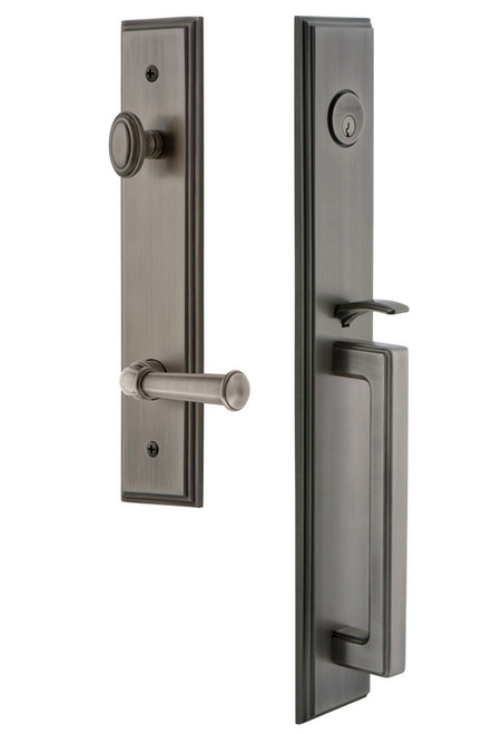 Grandeur Hardware - Carre One-Piece Handleset with D Grip and Georgetown Lever in Antique Pewter - CARDGRGEO - 847256