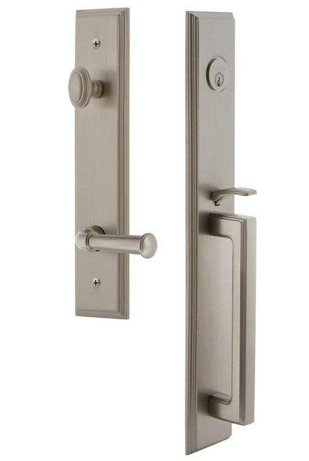 Grandeur Hardware - Carre One-Piece Handleset with D Grip and Georgetown Lever in Satin Nickel - CARDGRGEO - 847302