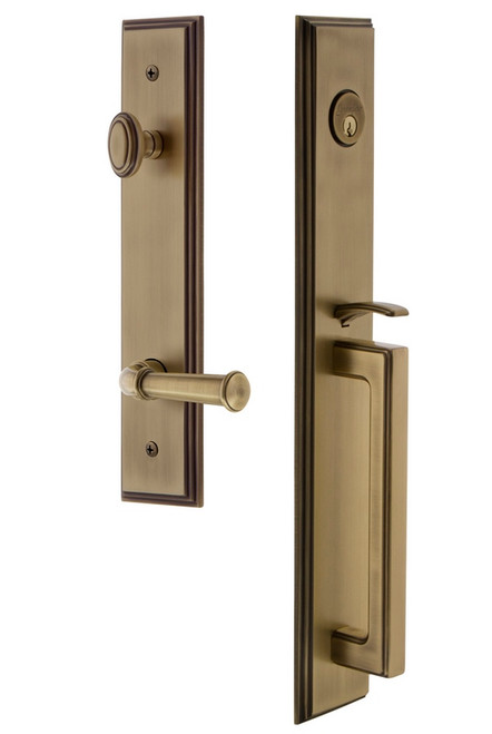 Grandeur Hardware - Carre One-Piece Dummy Handleset with D Grip and Georgetown Lever in Vintage Brass - CARDGRGEO - 849925