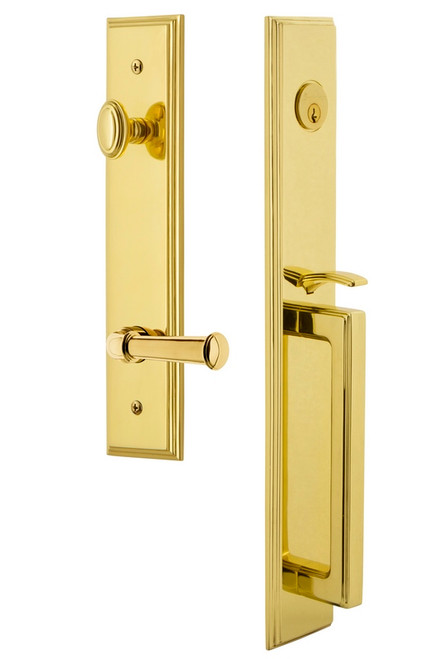Grandeur Hardware - Carre One-Piece Dummy Handleset with D Grip and Georgetown Lever in Lifetime Brass - CARDGRGEO - 849897