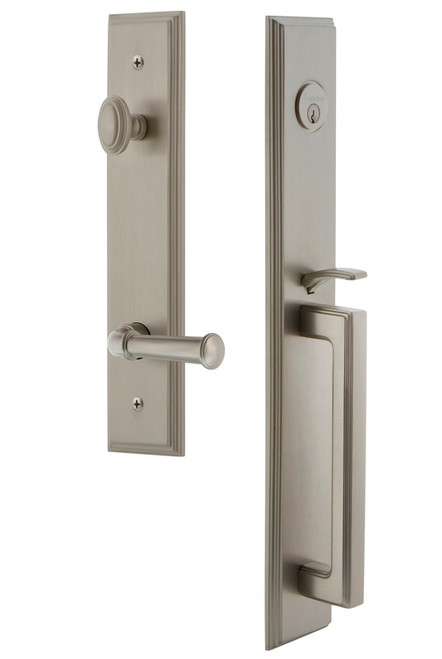 Grandeur Hardware - Carre One-Piece Dummy Handleset with D Grip and Georgetown Lever in Satin Nickel - CARDGRGEO - 849909